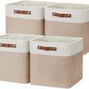 DULLEMELO Cube Storage Bins - 4 Pack Foldable Large Storage Baskets 12 inch Gifts Empty Fabric Bins for Home Office Cubes Organizer Closet, Shelves, Toy, Nursery (4 Pack - 12" White&Khaki)