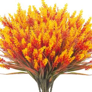 20 Bundles Artificial Plants Outdoor Fake Monkey Grass with Flowers (Fall Red)