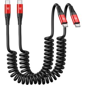 USB C Cable 3ft 2Pack USB C to USB C Charger Cable for Car, Coiled Type C Fast Charging Cable for iPhone 16/15/Plus/Pro/Pro Max/MacBook Pro 2020/iPad Pro 2020/iPad Air 4/Samsung Galaxy S23-Red