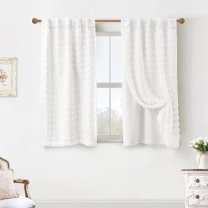 Pack of 2 Bathroom Curtains Window,Short White Boho Pom Pom 60% Backout Farmhouse Privacy Curtain for Small Bedroom Kitchen Windows 45 Inch Length (34"W x 45"L , White 