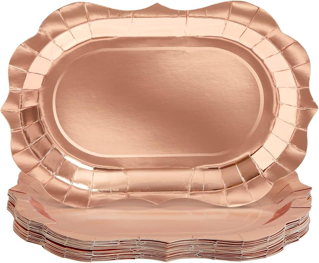 Sparkle and Bash 24 Disposable Rose Gold Foil Paper Serving Trays for Parties, Wedding, Bridal Shower Decorations, and Tea Party Decorations (9 x 13 In Rose Gold Serving Trays)