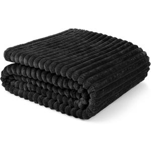 PAVILIA Super Soft Fleece Throw Blanket Twin Black, Fuzzy Plush Flannel Throw, Warm Cozy Ribbed Microfiber Blanket for Sofa Couch Bed, Lightweight Striped Blanket, Black, 60x80