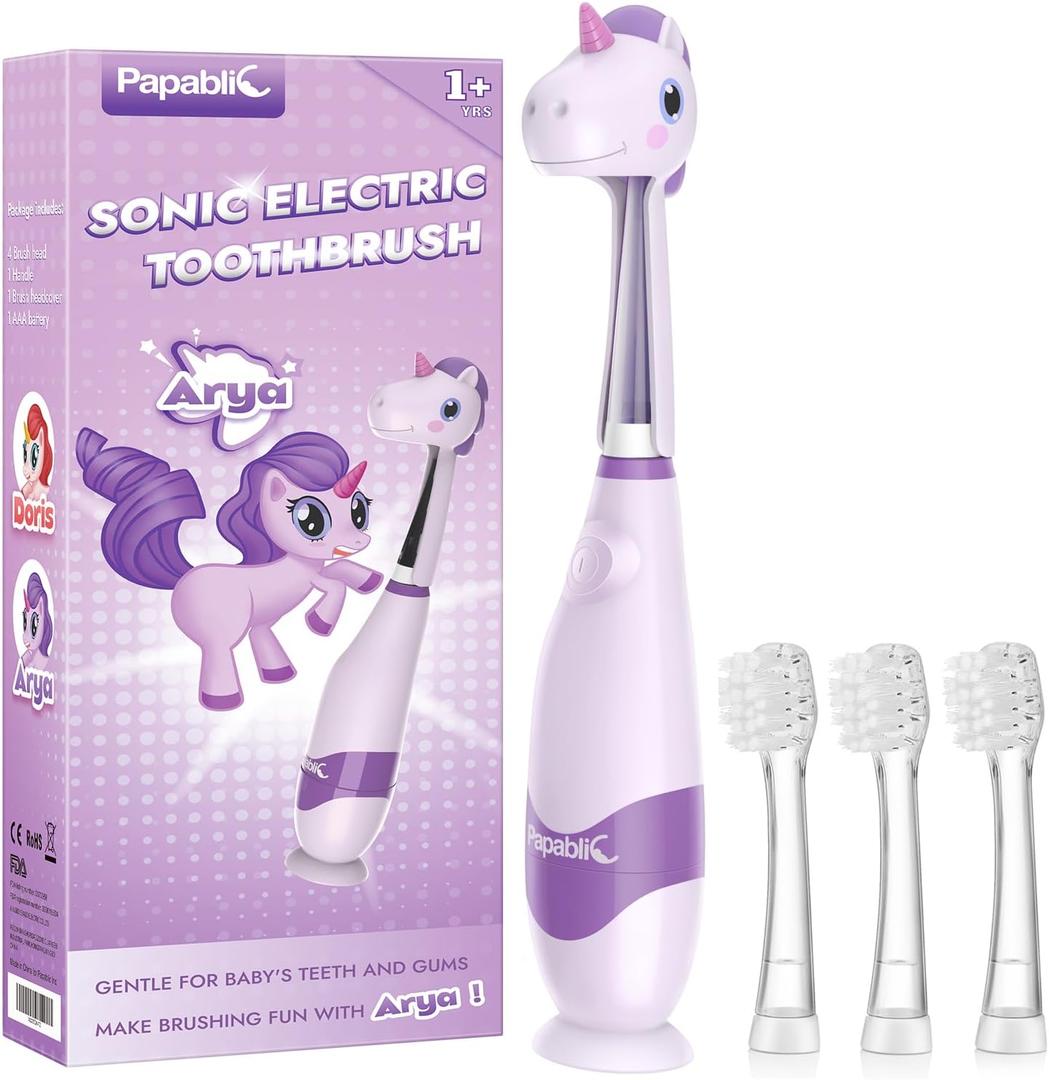 Papablic Toddler Sonic Electric Toothbrush Kids for Ages 1-3 Years, Baby Electric Toothbrush with Cute Unicorn Cover and Smart LED Timer, 4 Brush Heads (Arya)