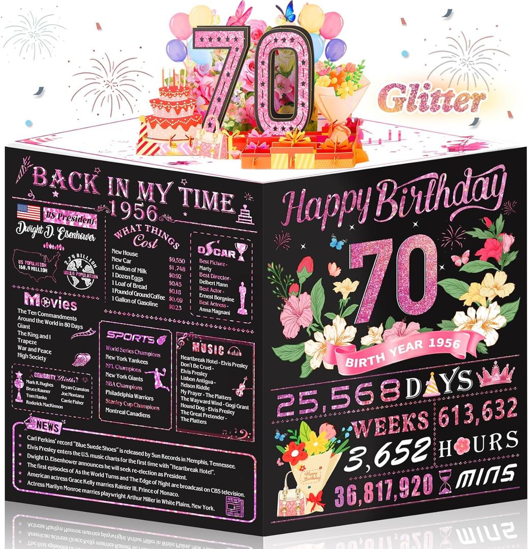 70th Birthday Card for Women,Jumbo Pop Up 70th Birthday Cards for Her Friend,Back In 1956 Happy 70 Year Old Birthday Decorations for Wife Daughter Mom Funny Birthday Gifts,Rose Gold
