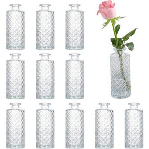 Glass Bud Vases Set of 12, Small Diamond Bud Vases in Bulk, Mini Flowers Vases for Centerpieces, Vintage Bottle for Table Decorations, Wedding Decor, Recepetion, Home (Clear)