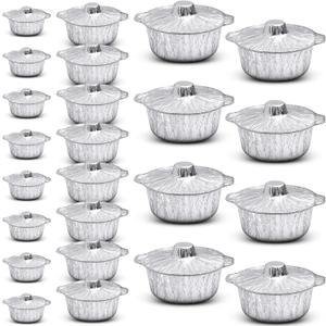 Ziliny 24 Pcs Disposable Aluminum Pot with Lid Round Foil Pans Disposable Cookware Food Container for Vacation Trips Camping Baking Heating Cooking (33.8,67.6,121.7 oz)