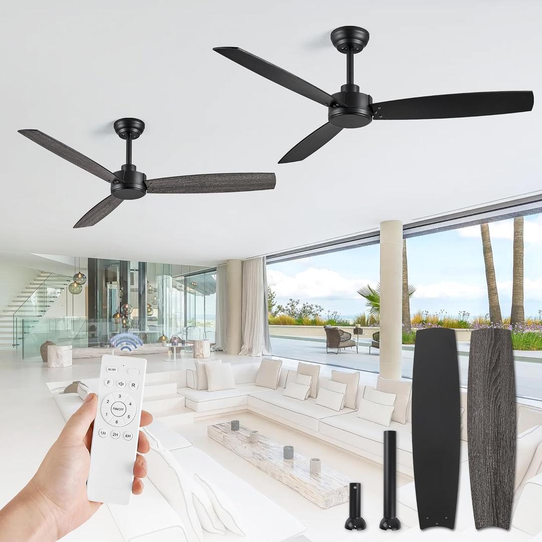 ZMISHIBO 2 Pack 52 Inch Outdoor Ceiling Fans with Remote, Black Ceiling Fan No light with Quiet Reversible DC Motor, 6 Speeds, 3 Blade Modern Ceiling Fans for Patio Living Room Bedroom Indoor Black
