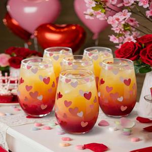 Maxcheck 6 Pcs Valentine Stemless Wine Glass Set 18 oz Heart Wine Glasses Colorful Conversation Drinking Glasses for Valentine Party Wedding Present Holiday Party Gift