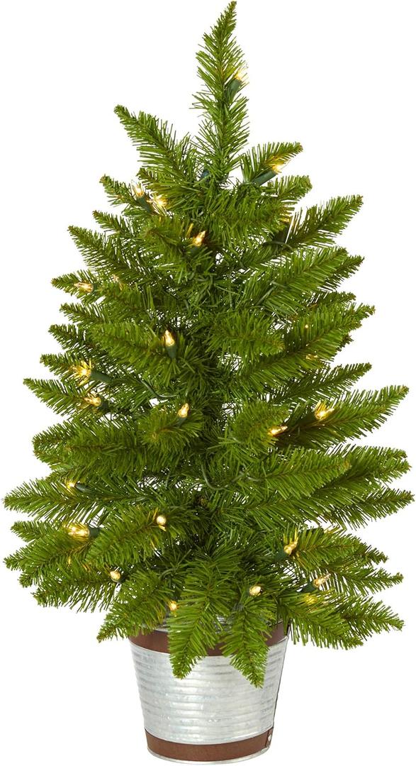 Nearly Natural 2ft. Providence Pine Artificial Christmas Tree in Decorative Planter with 35 Warm White Lights and 51 Bendable Branches (Green)