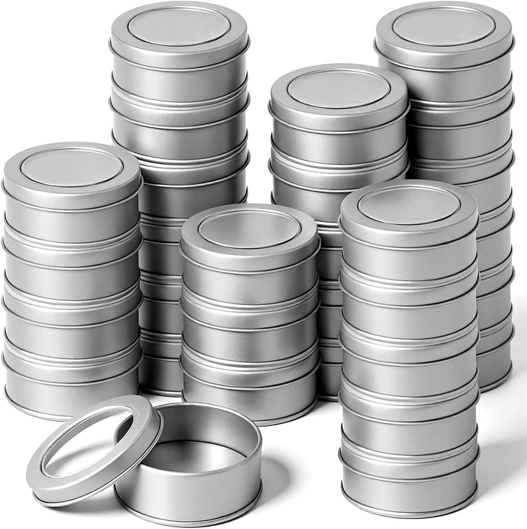 30 Pack 2 Ounce Metal Tin Cans, Round Silver Tin Containers With Lids Clear Top For Storage, Crafts, Cosmetics, Candles, Office & Travel