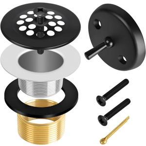 Matte Black Trip Lever Bath Tub Drain Kit, Universal for 1-1/2" and 1-3/8" Bathtub Drain Replacement, No Putty Installation Tub Drain Set with Trip Lever Overflow Faceplate and Strainer, Tub Trim Kit