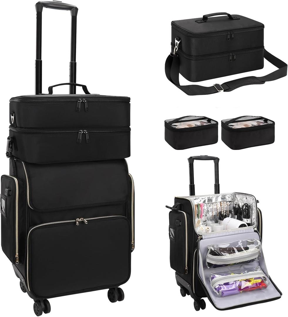 OCHEAL Hairstylist Traveling Case with a Large Makeup Travel Case for Hairstylist, Hairdresser Bag with Detachable Pouch,360 Rotatable Wheelsfor Hairdressing Tool Organizer
