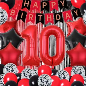 10th Birthday Decorations for Boys Red Black Happy 10th Birthday Banner Tenth Birthday Supplies 32inch Number 10 Balloons Fringe Curtain 10 Years Old Bday Party Supplies Kit for Him Her Girls (Red)