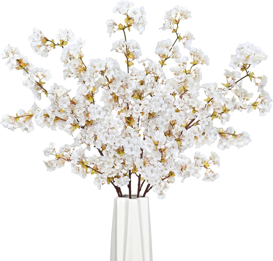Sunm Boutique Silk Cherry Blossom Branches, Artificial Cherry Blossom Tree Stems Faux Cherry Flowers Vase Arrangements for Wedding Home Decor, Set of 5 (White)