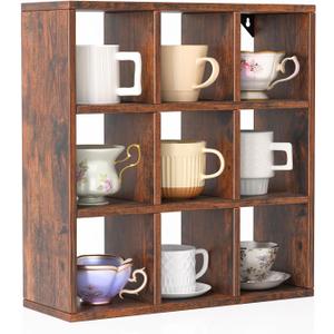 Helsin 9 Grid Vintage Coffee Mug Display Rack, 16inch Wall Mounted Wooden Curio Shadow Box Shelf, Cup Floating Shelves Display and Organizer (Bronze)