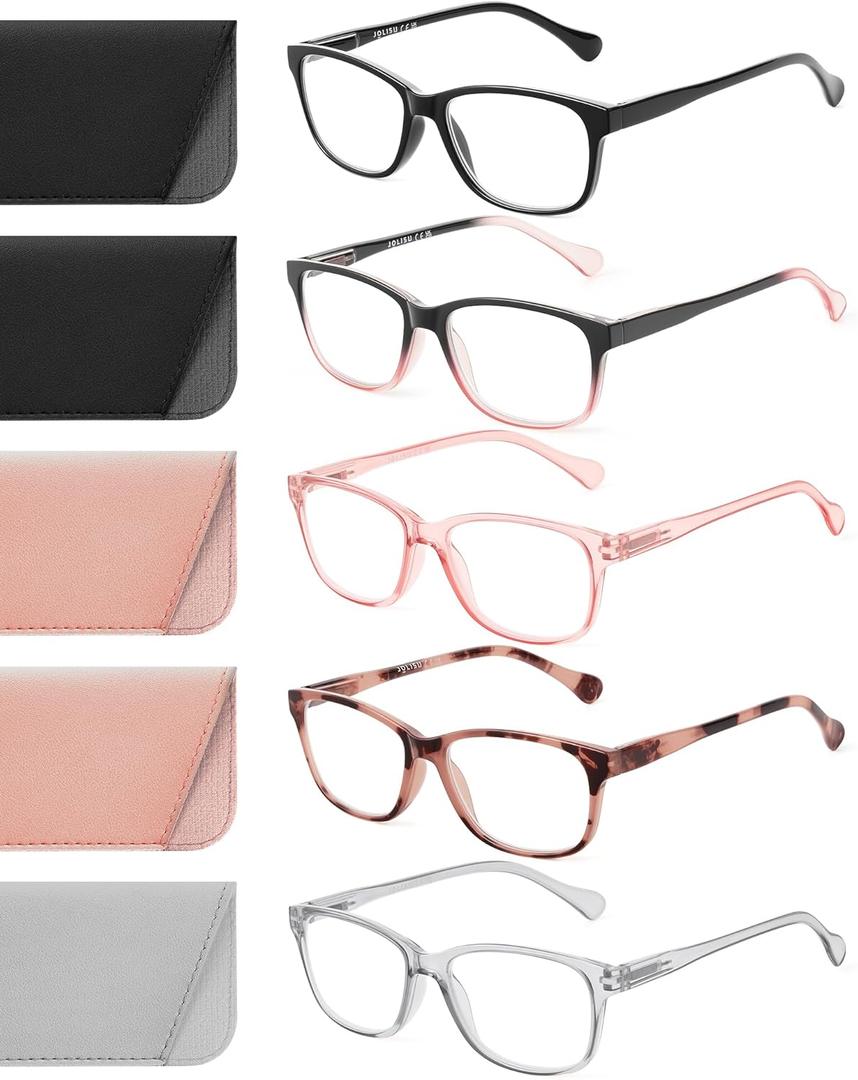 JOLISU 5 Pack Reading Glasses for Women/Men - Fashion Blue Light Readers Computer Eyeglasses W/Spring Hinge&Case(1.0)