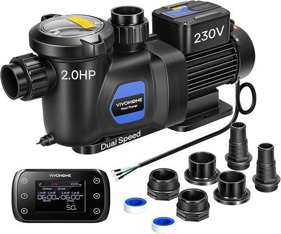 VIVOHOME 2.0HP Pool Pump Dual Speed with Remote Timer 230V
Wireless Remote Control, Fast Self-Primming Motor, 4 Program Segment, for in/Above Ground Pools, Saltwater Pools
