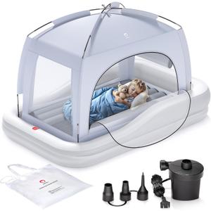 QPAU Inflatable Toddler Travel Bed with Tent, Baby Crib Tent, Portable Kids Air Mattress with Safety Bumpers, Ideal for Home, Grandma's, Camping, Traveling -Includes Fast Electric Pump (Grey)