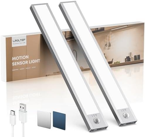 LROLTEF Under Cabinet Kitchen Lights, Motion Sensor Dimmable 21cm 1500mAh 6500K LED Under Counter Rechargeable Wardrobe Indoor Night Lights for Kitchen Shelf Stairs Closet 2 Pack