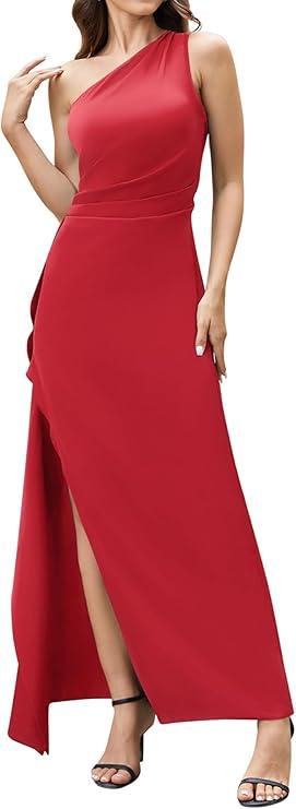 Women's Sexy One Shoulder Satin High Split Cocktail Wedding Party Maxi Dress
 L/XL