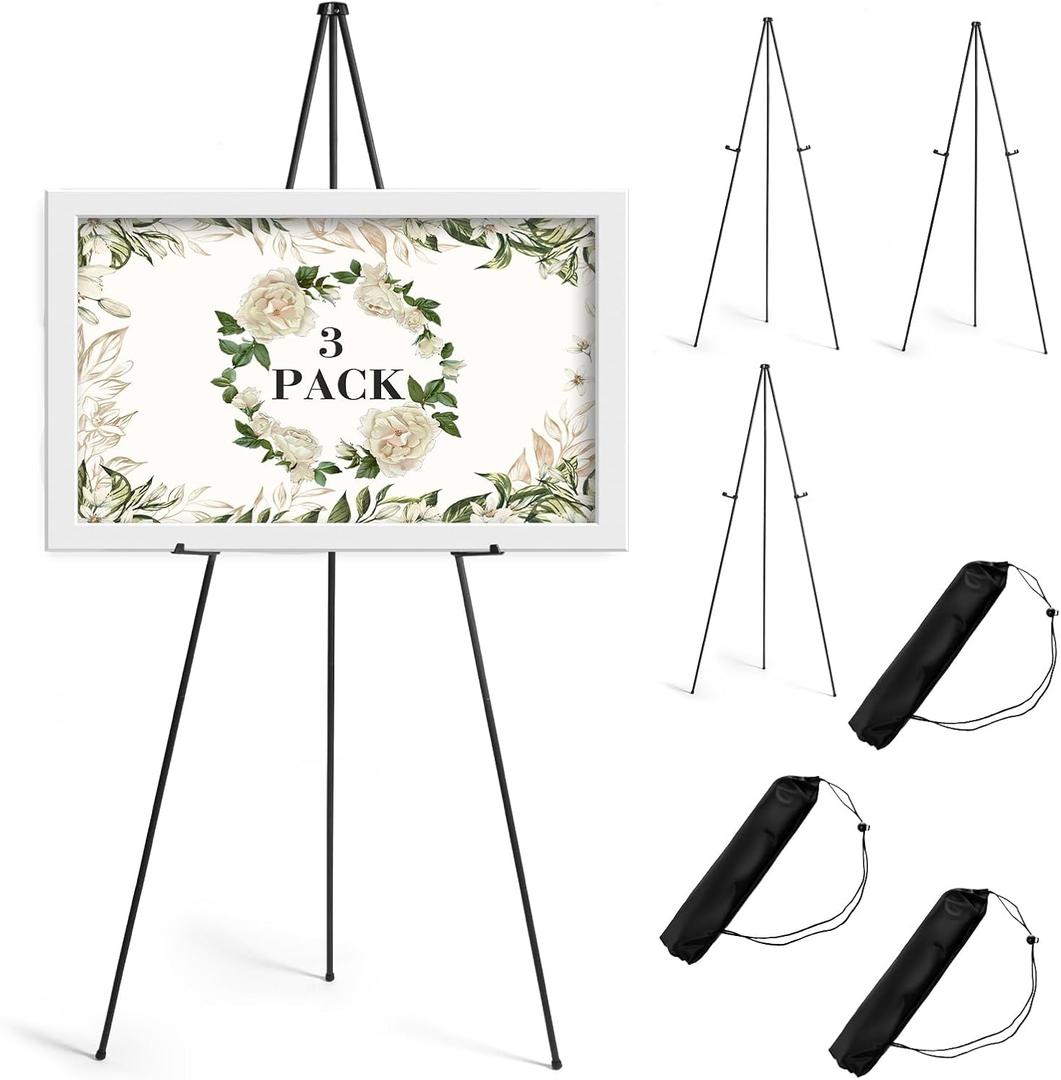 AZEAM 63" Easel Stand for Sign, 3 Pack Portable Easel for Painting, Foldable Black Metal Easel Display Stand Poster Holder Adjustable Sign Stand for Display Wedding Arts Poster