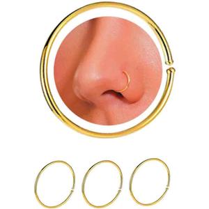 14K Gold Nose Ring Hoop for Women, Thin Nose Piercing jewelry (Gold, 3pcs- 8mm 22 gauge)