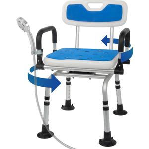 Swivel Shower Chair for Inside Shower with Liftable Arms, 360 Rotating Shower Chair for Elderly and Disabled, Adjustable Height Swivel Bath Chair with Extra Accessories, Supports Up to 400 LBS