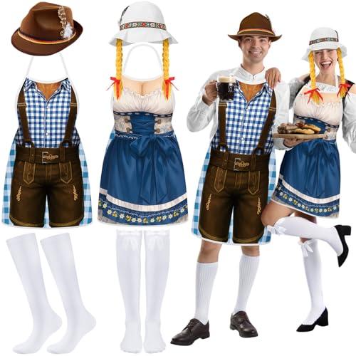 Croloose 2 Pcs Oktoberfest Costume Beer Festival Outfit Couples Apron Hat Socks Set German Bavarian Party Gifts (Blue)