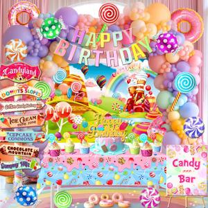 132 PCs Candyland Party Decorations, Candyland Themed Birthday Party Decorations, Candyland Christmas Decorations, Backdrop Sweet Candy Balloons Tablecloth Banner Signs for Sweet Birthday Party Decor