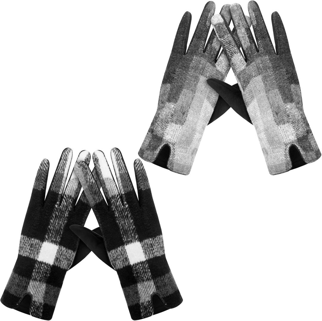 2 Pair Winter Plaid Gloves for Women Fleece Women Gloves with Touchscreen Fingers Warm Velvet Plaid Mitten for Cold Weather