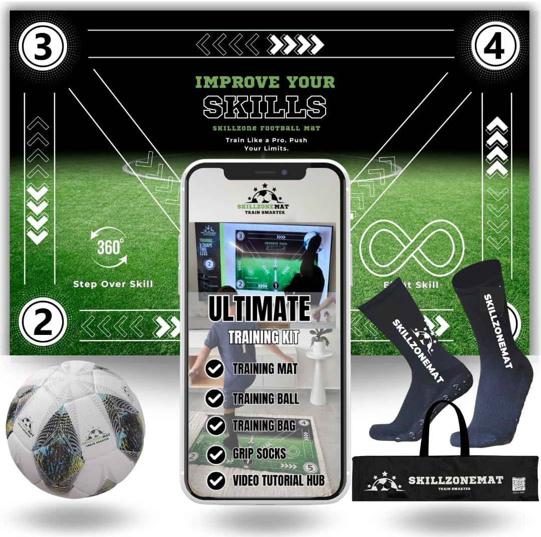 SkillZone Soccer Training Mat  Soccer Dribbling & Footwork Trainer with SkillZone Interactive Training Hub | Soccer Skills & Ball Control Practice for Kids & Teens | Indoor & Outdoor Agility & Coordination Training System (MIdnight Strike - Match Kit)