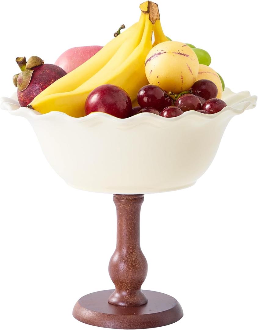 Vniltyc Decorative Ceramic Fruit Bowl For Kitchen Counter,Table Decor,Serving Bowls with Stand,Pedestal Bowl,Big Bowl for Vegetable Dessert,Jewelry Tray Storage,Embossed Floral Relief