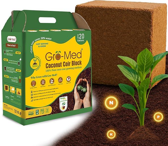 Gro-Med Coco Coir Brick 10 lbs – Expands to 80 Quarts – NPK Enriched Organic Coconut Coir – Potting Soil for Indoor Outdoor Plants, Seed Starter, Vegetables, Mushrooms, Gardening Use