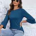 Kistore Womens Tops Dressy Casual 3/4 Length Bell Sleeve Shirts Boat Neck Tunic Blouses (Blue, XXL)