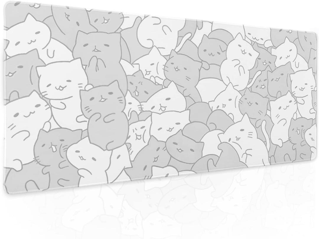 aportt White Kawaii Cats Gaming Mouse Pad XL Cute Anime Kittens Japanese Extended Big Large Desk Mat Non-Slip Rubber Base Stitched Edge Long Keyboard Mousepad for PC Computer Laptop,31.511.8 Inches