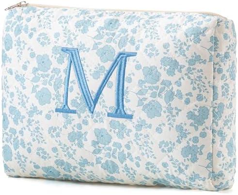 HBselect Initial Quilted Makeup Bag, Cotton Large Travel Makeup Bag, Cute Floral Coquette Make up Bag Cosmetic Bag Toiletry Bag for Women Girls M