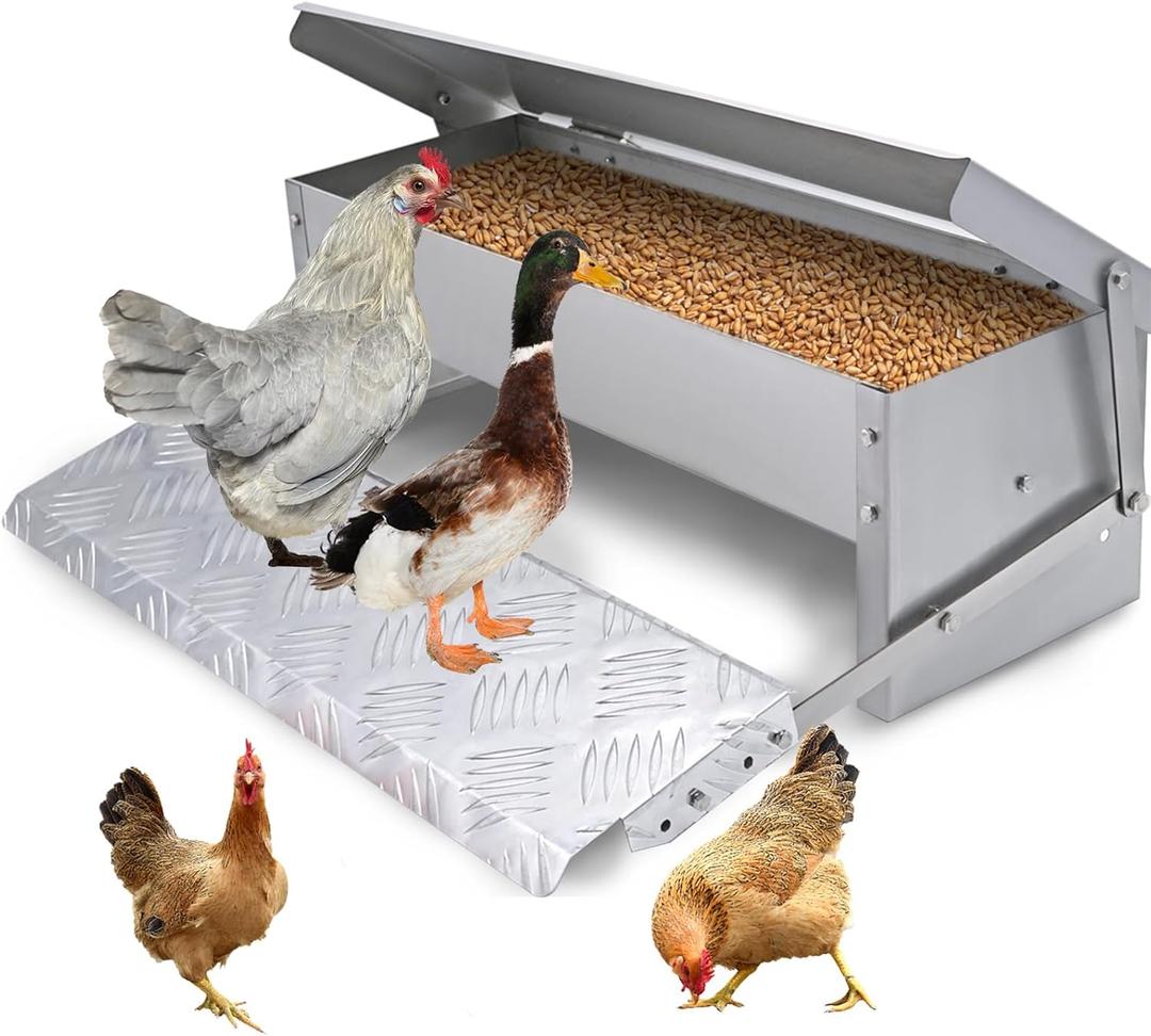 Stainless Steel Chicken Feeder Automatic Treadle Feeder for Outdoor,15lb Poultry Feeder No Waste with Weatherproof Lid,Chicken Coop Food Trough for Chicken,Duck,Bantams,Pheasants