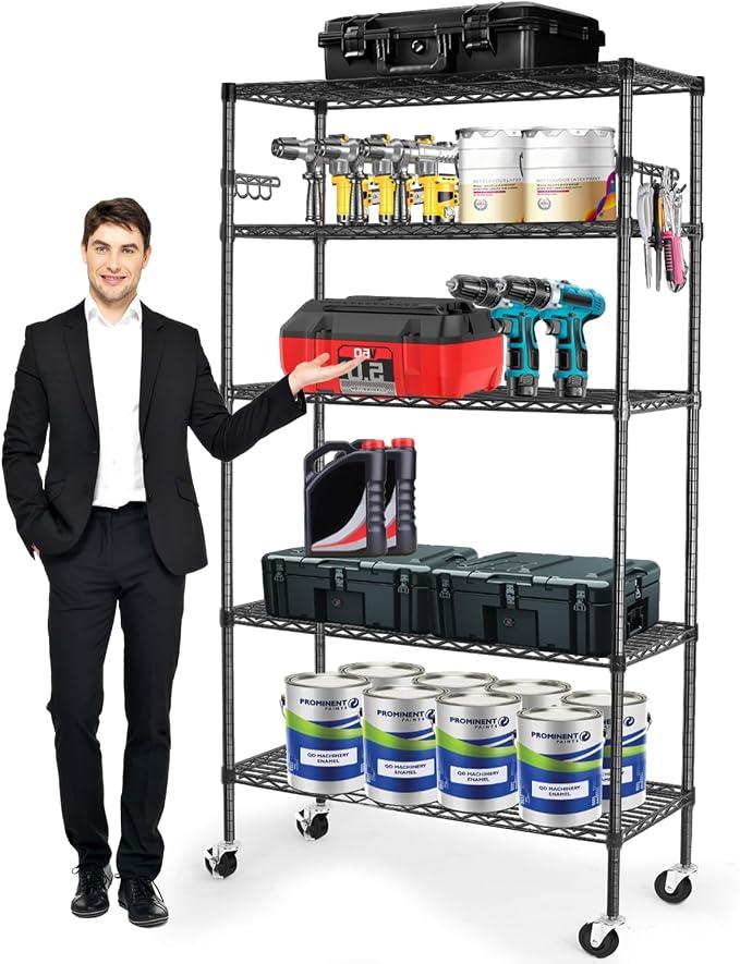 YNN Storage Shelves,1750Lbs 5 Tier Heavy Duty Metal Rolling Shelving Unit with Wheels & 8 Hooks, Adjustable Garage Wire Rack for Kitchen, Bathroom,Industrial,Pantry(36" W x 14" D x 72" H,Black)