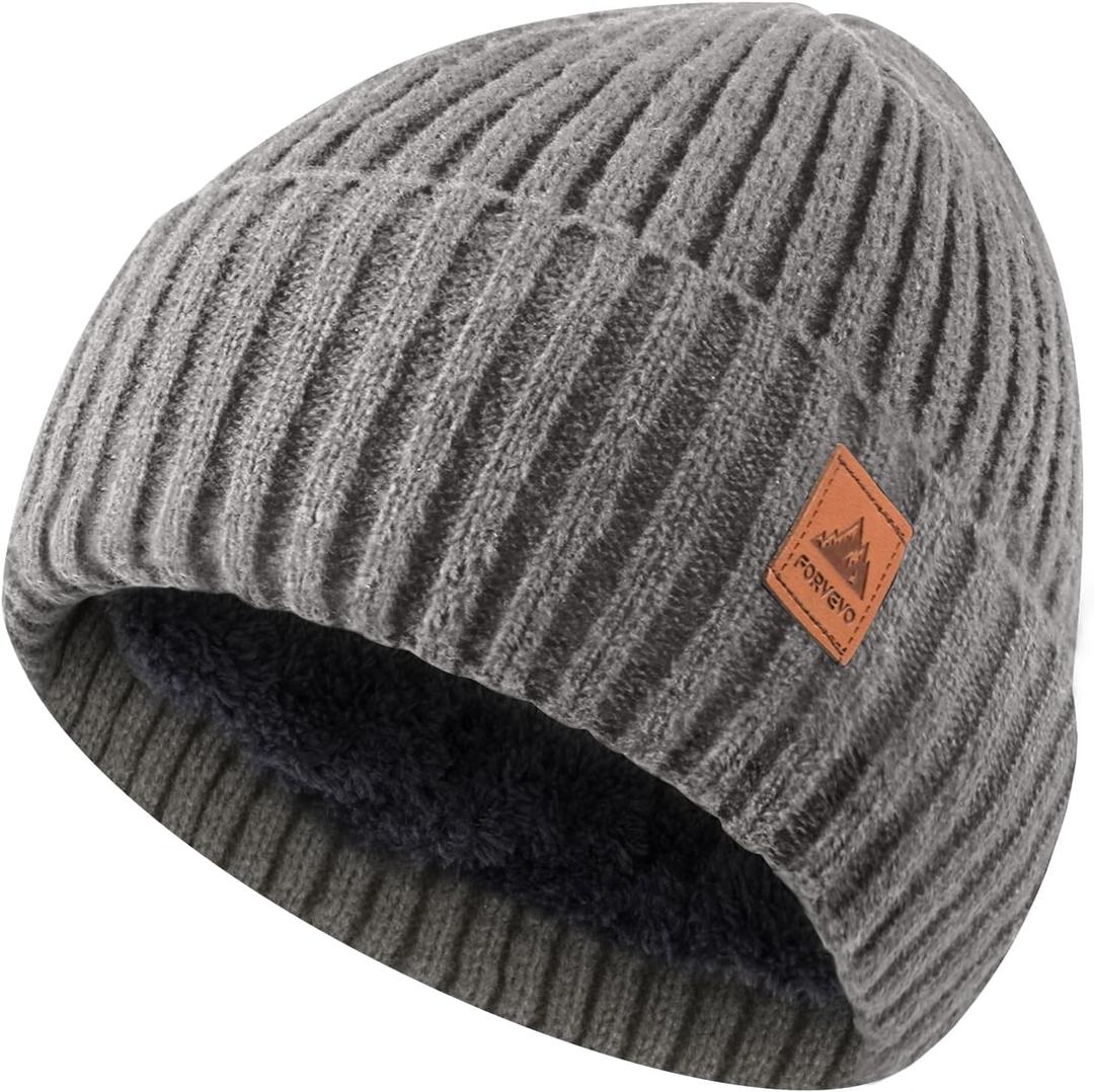 Beanie for Men Women, Winter Warm Hat with Fleece Lined, Thermal Kint Beanie Ski Cuffed Cap for Cold Weather (Lightgrey)
