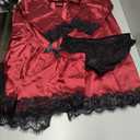 LYANER Women's 4pcs Sleepwear Satin Floral Lace Trim Cami Pajama Set with Robe (Pure Wine Red), Large