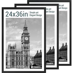 24x36 Poster Frame, Black Wood, 3 Pack, Wall Hanging for PictureThick Polished Plexiglass, Large Movie Poster Frame Wall Display for Art, Prints, Landscapes - Gallery, Studio, Office