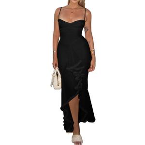 NRTHYE Women Elegant Irregular Ruffles Hem Maxi Dress Mesh Ruched Sleeveless Backless Pleated Long Party Club Dresses, Size M