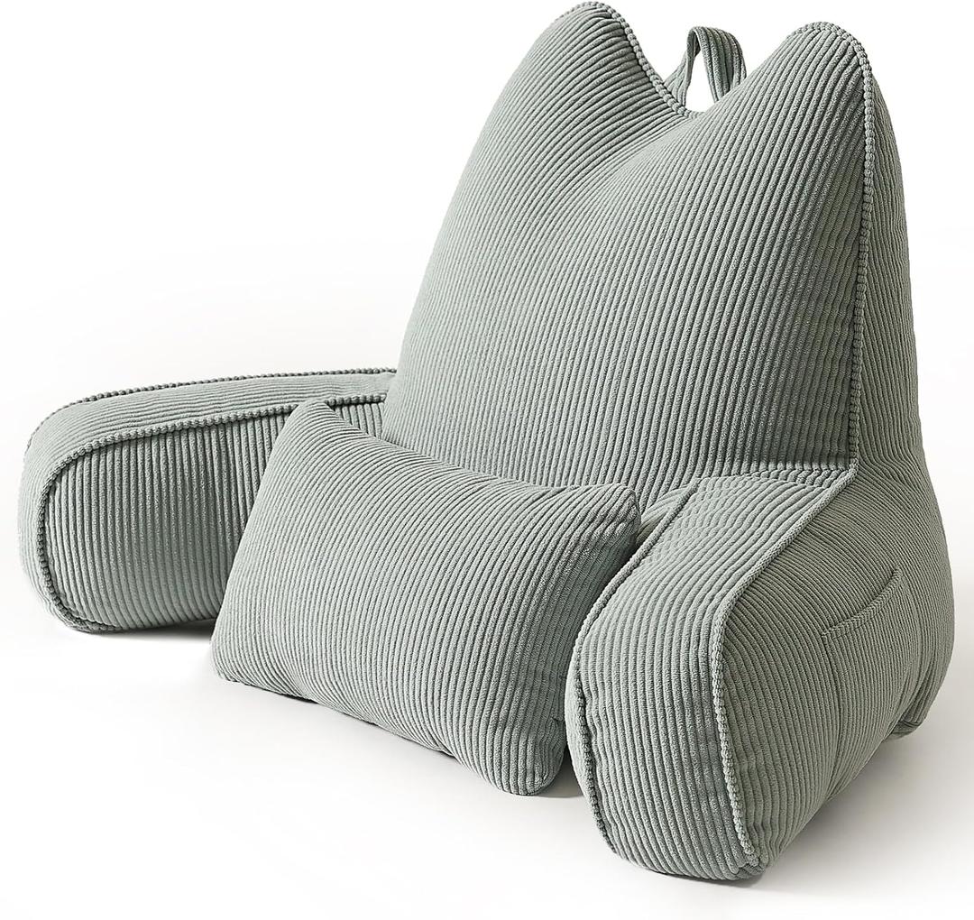 Patented Design Cat Ear Inspired Corduroy Reading Pillow with Arms, Aesthetic Bed Rest Pillow for Sitting in Bed, Detachable Lumbar Support, Ergonomic Backrest Cushion, Grey Green, Large