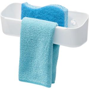 iDesign Suction Kitchen Sink Caddy Sponge Holder with Dishcloth Bar - White
