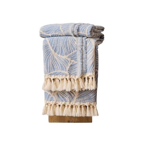 DOWN HOME Chenille Cotton Throw Blanket for Couch, Lightweight Boho Blanket for Bed Sofa Chair Living Room Outdoor Soft Woven Decorative Blanket with Tassel Gift Blue Leaves 50"x70"