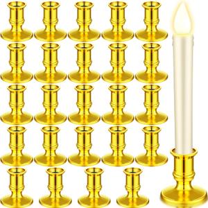 Yungyan 24 Pieces Window Taper Candle Holders Plastic Traditional Candlesticks Only for Flameless LED Table Centerpiece Pillar Candle Holder for Halloween Christmas Wedding Dinner Tables (Gold)