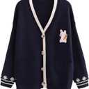 FindThy Women's Cute Rabbit Embroidered Cardigan Long Sleeve Pocketed Kawaii Cardigans Sweater (One Size, 02 Navy Blue)