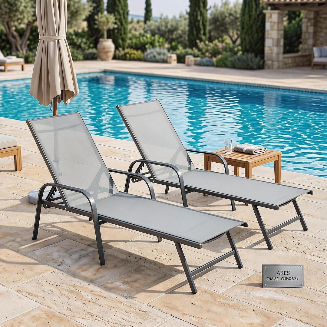 Garvee Outdoor Textilene Chaise Lounge Chairs Set of 2, Adjustable Patio Reclining Lounge Chairs, All Weather Mesh Sunbathing Chairs with Steel Frame for Poolside, Garden, Beach, Backyard