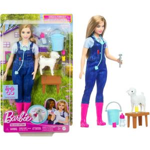 Barbie 65th Anniversary Doll & 10 Accessories, Farm Veterinarian Set with Blonde Vet Doll, Lamb with Moving Ears & More (Pink)