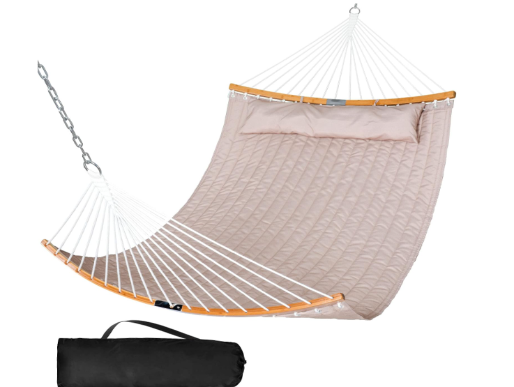 SUNCREAT 13.8 FT Hammocks Quilted Fabric Double Hammock with Detachable Curved Bamboo Spreader Bar and Soft Pillow, Max 450 lbs Capacity, Tan (74.8"L x 55.1"W)